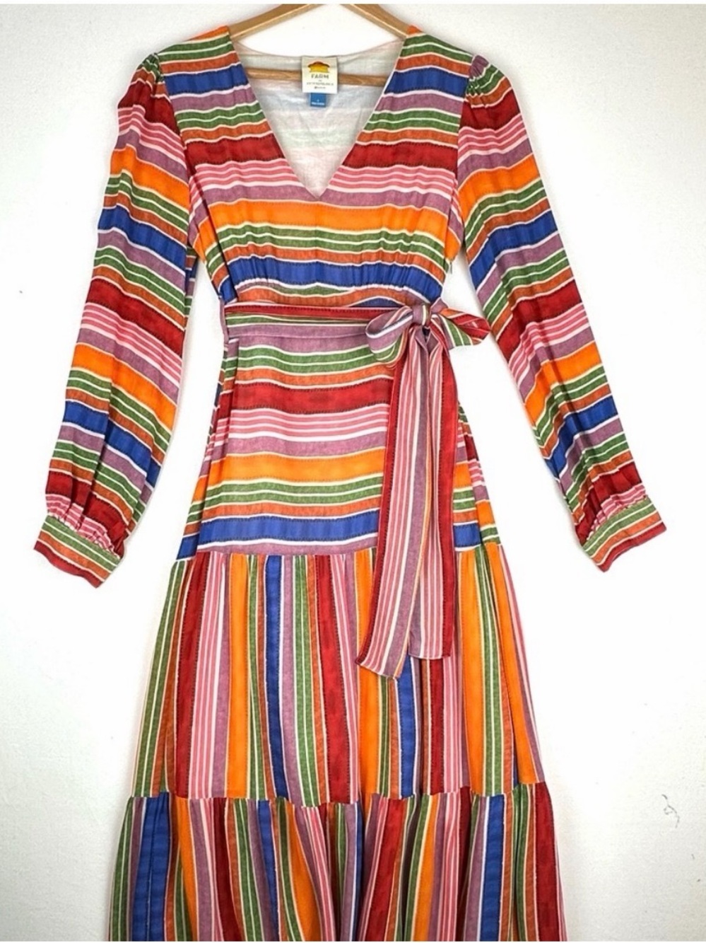 FARM Rio Luana Rainbow Multicolor Striped V-Neck Midi Dress - Red, Green, Blue - Picture 3 of 9
